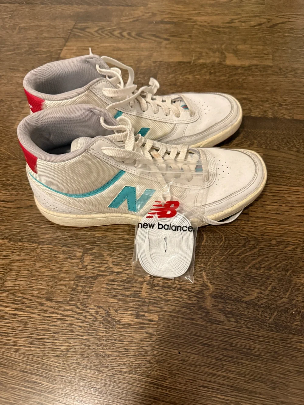New Balance Men’s White Sneakers with Teal and Red Accents
